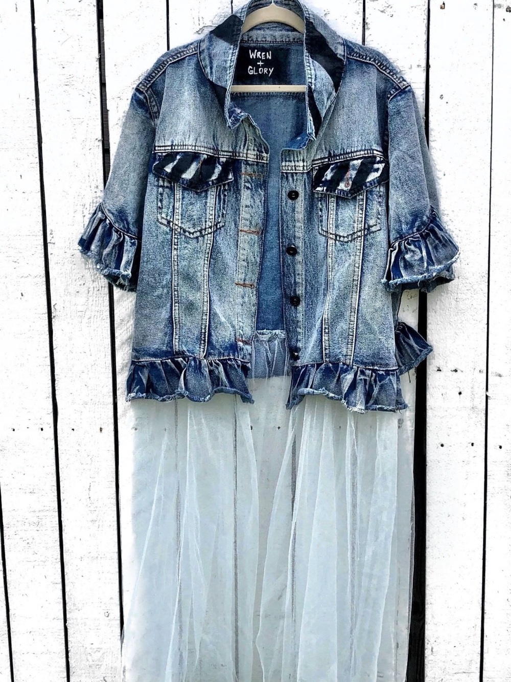 NWOT Wren + Glory Light Blue Denim Jean Jacket with Sheer Tulle Hem